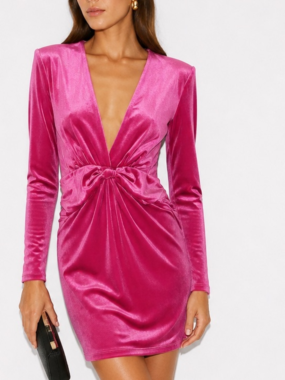 HYFVE NWT Rose Pink Deep V Knot-Front Velvet Long Sleeve Mini Dress Size Medium